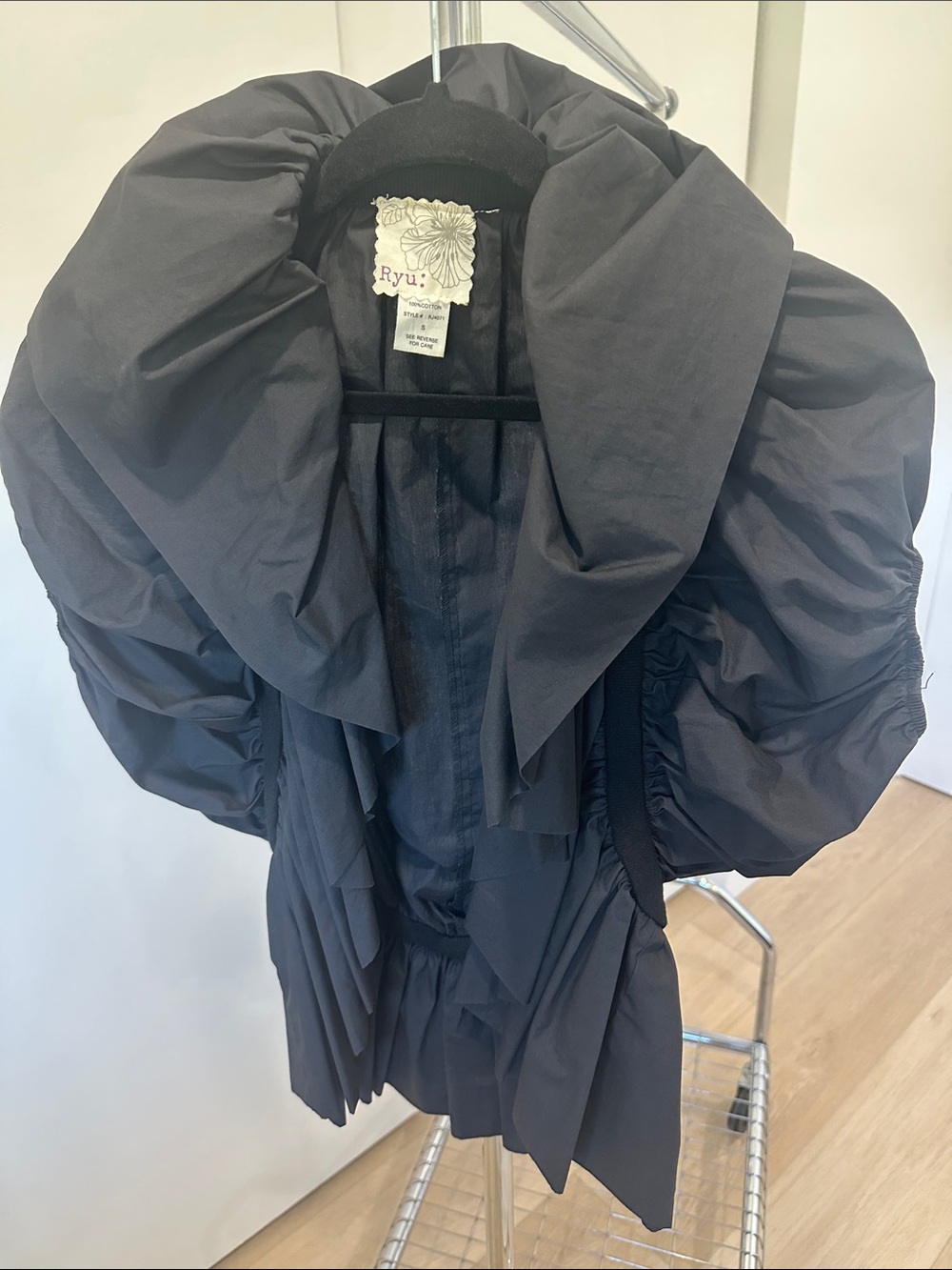Ryu Black Voluminous Puff-Sleeve Bomber Jacket